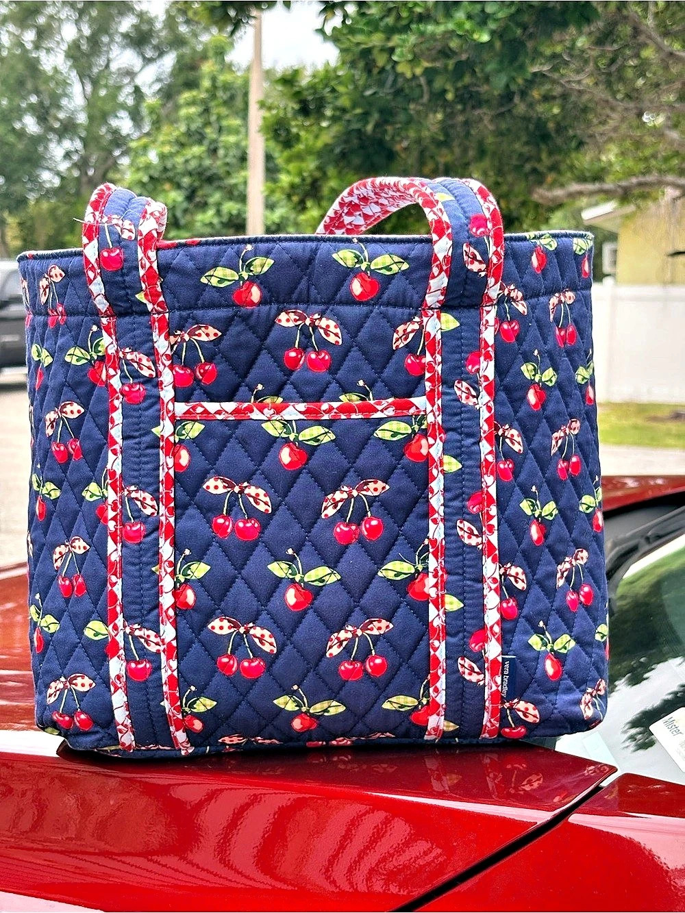 Vera Bradley Original Vera Tote Cherry Print Quilted Tote Blue & Red